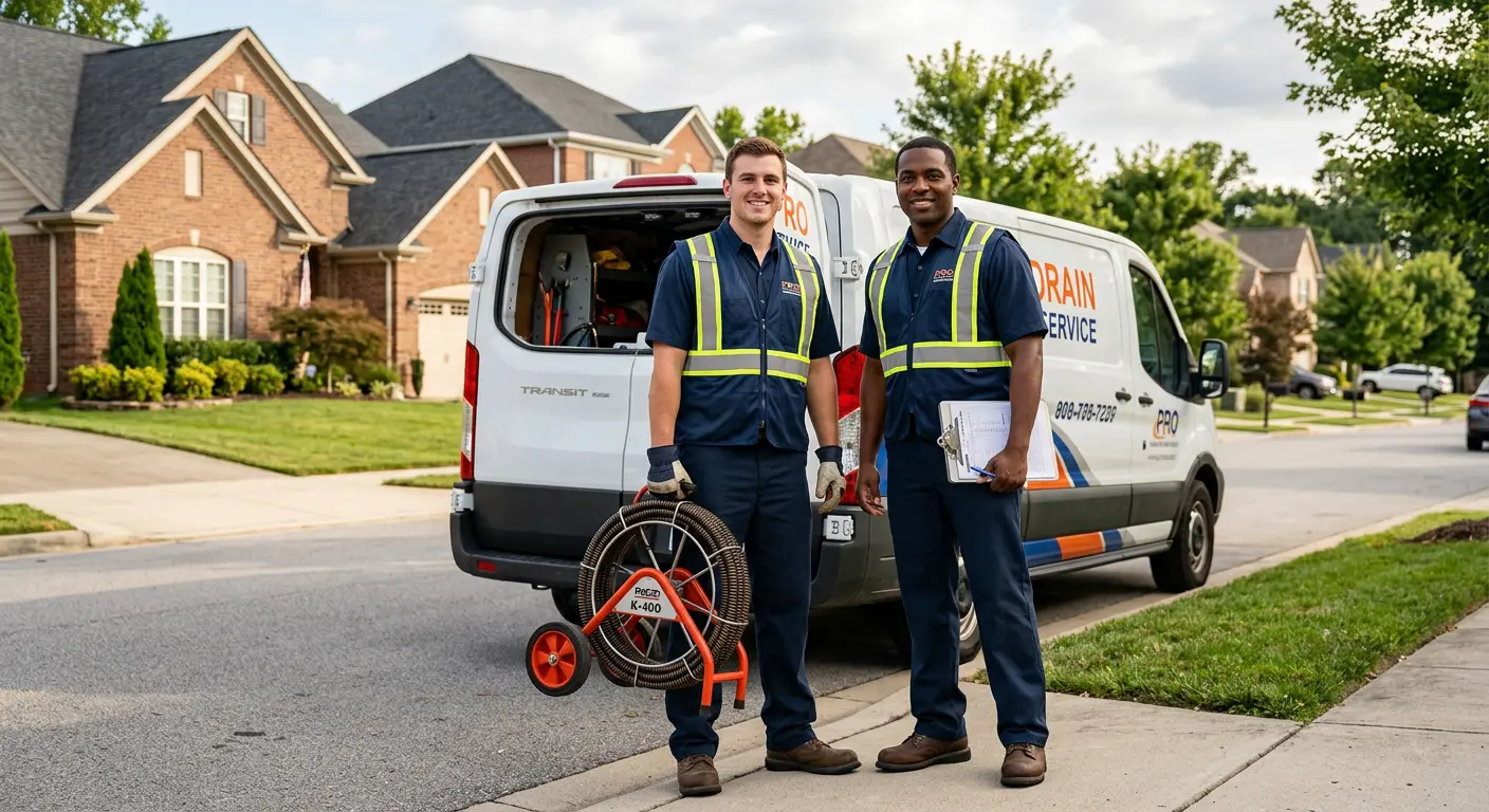 Sewer and drain service team with equipment ready for work in Blooming Grove