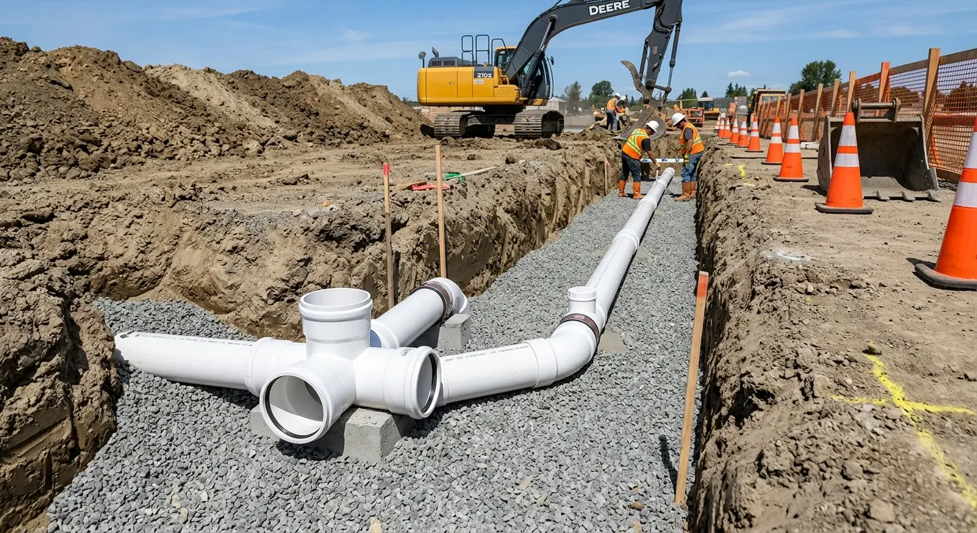 New PVC sewer pipe installation in open trench for Sewer Camera Inspection in Blooming Grove