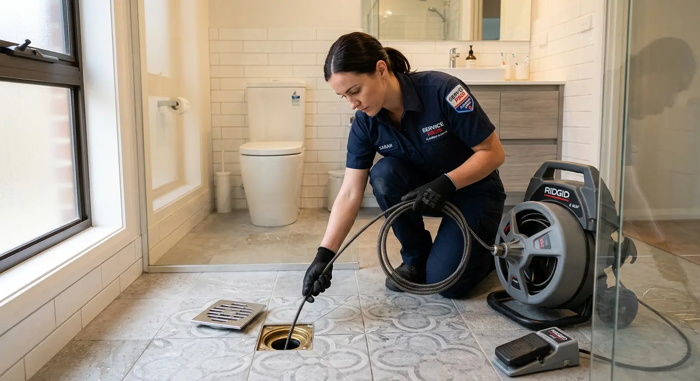 Technician clearing a bathroom floor drain for Clogged Drain Repair in Blooming Grove